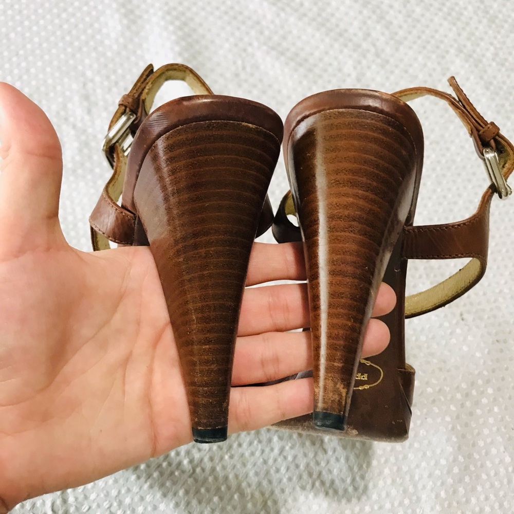 Prada Brown Leather Peep-Toe Slingback Heels - Picture 7 of 15